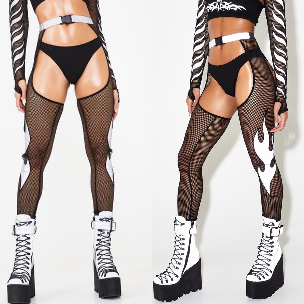 NWT Dolls Kill Reflective Flame Mesh Chaps